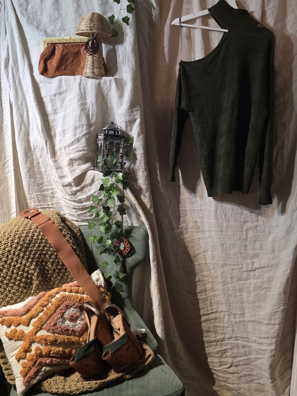 Olive Green One-Shoulder Knit Sweater